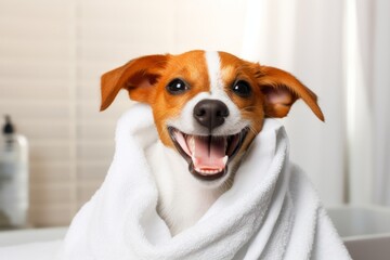 Cute happy puppy dog wrapped in towel after bath just washed at home, concept of grooming salon or goods for treatment for domestic pets