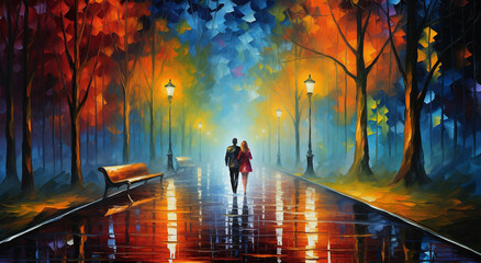 a painting of a couple walking down a rain soaked street at night with a bright light shining on them
