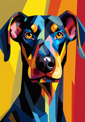 a dog with a colorful background is shown in this picture, it looks like he is looking at the camera