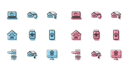 Set line Digital door lock with wireless technology for unlock, Laptop under protection, Computer monitor smart home, watch wi-fi, Mobile phone alarm, and House icon. Vector