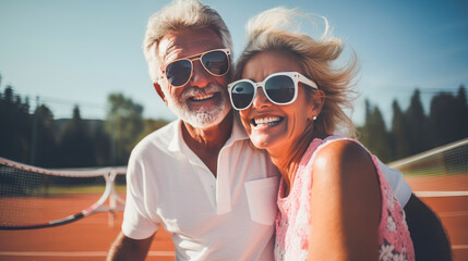 A happy couple wearing sunglasses smiles on the tennis court - Powered by Adobe