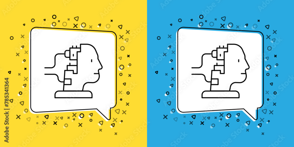 Poster set line robot connected for maintenance icon isolated on yellow and blue background. artificial int