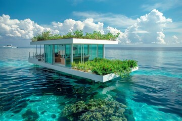 Modern Floating Eco-House with Rooftop Garden in Tropical Ocean Setting - obrazy, fototapety, plakaty
