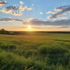 Green field with evening sunset photorealistic style