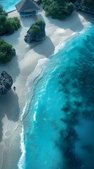 Aerial View of Beautiful Seashore Paradise. Turquouse Sea and Beige Sand Beach Idyllic Seascape. Travel and Vacation Background.