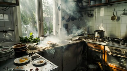 Smoke on stove after burning food in pot. Burning on kitchen in daylight. Induction stove with gas dangerous. Kitchen is on dirt and burnt parts
