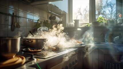 Smoke on stove after burning food in pot. Burning on kitchen in daylight. Induction stove with gas dangerous - obrazy, fototapety, plakaty