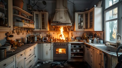 Stove and oven gas burning on kitchen, fire and black smoke on kitchen, danger situation, towels and pots