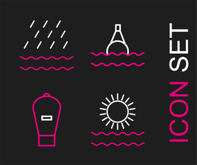Set line Sun and waves, Lift bag, Floating buoy on the sea and Rain icon. Vector
