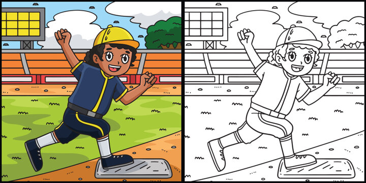 Baseball Girl Reaching Base Coloring Illustration