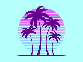Fototapeta na wymiar Silhouettes of palm trees against a retro futuristic sun background. Palm trees against a background of gradient sun in synthetic and retrowave styles. Summer time. Vector illustration