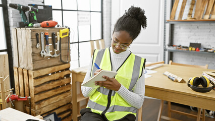 An african american woman in a reflective vest writes notes in a carpentry workshop setting.