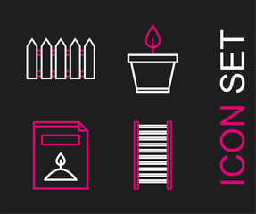 Set line Wooden staircase, A pack full of seeds of specific plant, Plant in pot and Garden fence wooden icon. Vector