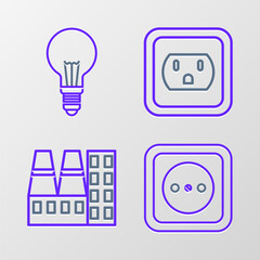 Set line Electrical outlet, Power station plant and factory, in the USA and Light bulb with concept of idea icon. Vector