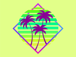Retro sci-fi palm trees from the 80s at sunset in a square frame. Retro futuristic sun with palm trees. Synthwave and Retrowave style. Design of advertising banners and posters. Vector illustration