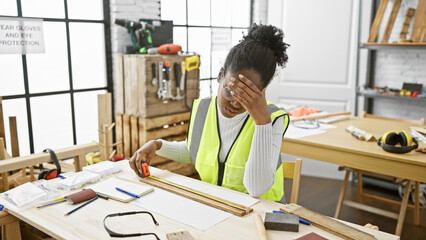 An african american woman in a reflective vest appears stressed in a well-equipped woodworking...