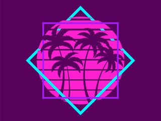 Retro sci-fi palm trees from the 80s at sunset in a square frame. Retro futuristic sun with palm trees. Synthwave and Retrowave style. Design of advertising banners and posters. Vector illustration