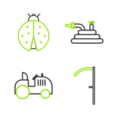 Set line Scythe, Tractor, Garden hose fire hose and Ladybug icon. Vector