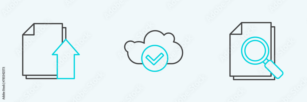Poster set line document with search, upload file document and cloud check mark icon. vector