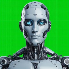 Robot head with green eyes wearing headphones, on a vibrant green background