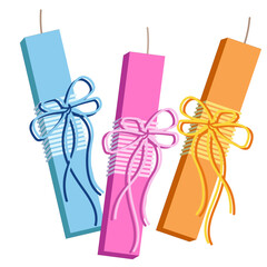 Colored children's large Easter candles decorated with string and ribbons. Vector illustration. Greek Easter traditions.