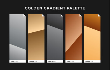 Golden color palette. Gold, copper, bronze gradient palette template. Collection palette of colorful metallic gradient illustrations for background, texture. Realistic gold metal. Vector illustration