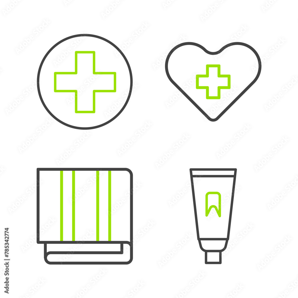 Poster set line tube of toothpaste, towel stack, heart with cross and cross hospital medical icon. vector