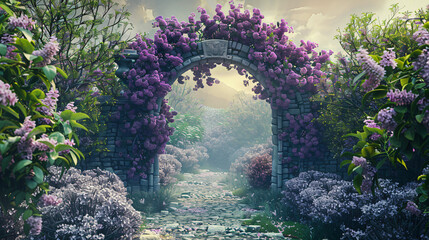Fairytale garden with stone arch and lacs. 