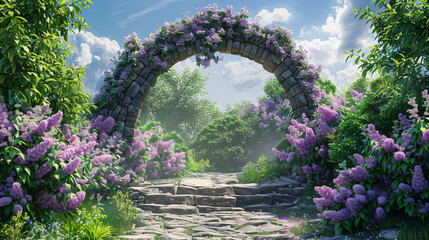 Fairytale garden with stone arch and lacs. 