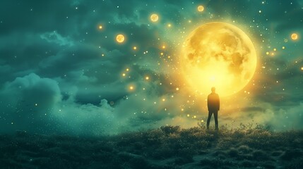 Serendipity concept, man standing in front of full moon, silhouette success science glowing star shape