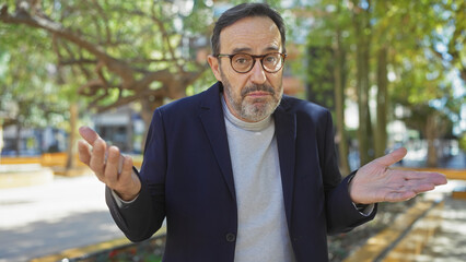 Fototapeta premium Middle-aged bearded man expressing confusion in a sunny park