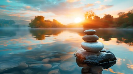 Serenity concept, stone balancing on rock in water at sunset, stack sun sunlight meditating dusk