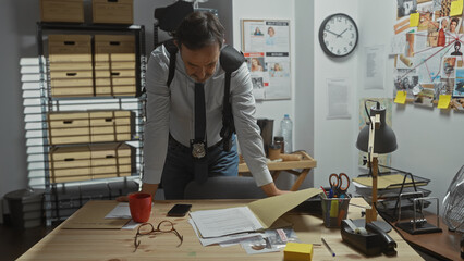 A focused middle-aged detective leans over a cluttered desk analyzing various items in a dimly lit...