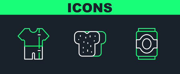 Set line Soda can, Sport track suit and Bread toast icon. Vector