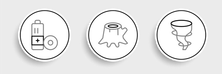 Set line Tornado, Battery and Tree stump icon. Vector