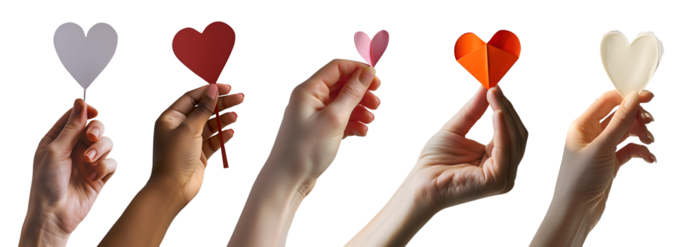 Collection set of hand holding heart love shape paper marche origami cutout on transparent background cutout, PNG file. Mockup template for artwork graphic design - Powered by Adobe
