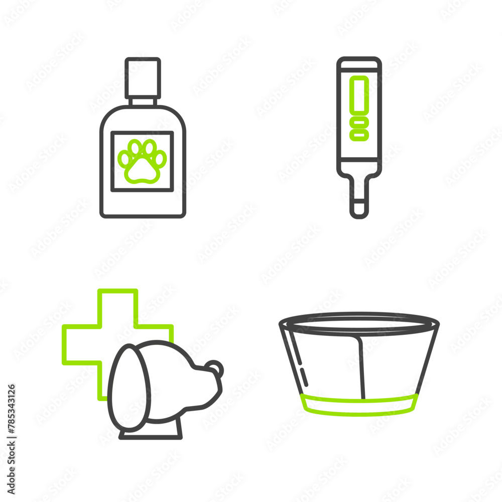 Poster Set line Protective cone collar, Veterinary clinic symbol, Medical digital thermometer and Dog medicine bottle icon. Vector