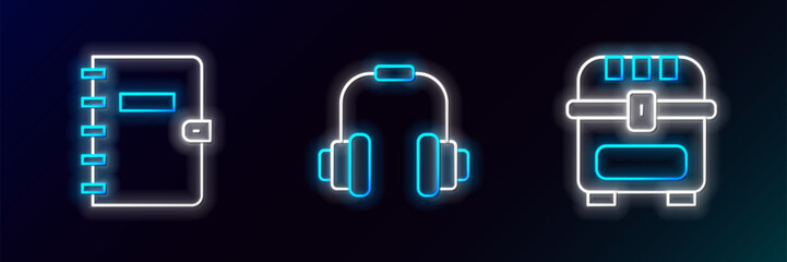 Set line Antique treasure chest, Spiral notebook and Headphones icon. Glowing neon. Vector