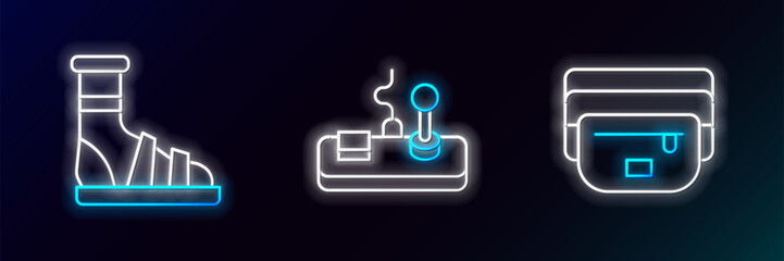 Set line Waist bag of banana, Slippers with socks and Gamepad icon. Glowing neon. Vector © Oksana