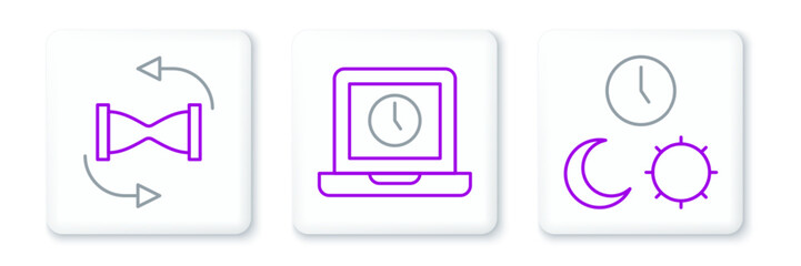 Set line Day and night with time, Old hourglass sand and Laptop icon. Vector