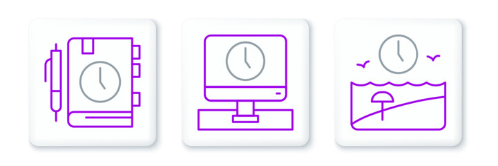 Set line Vacation time, Daily paper notepad and Monitor icon. Vector