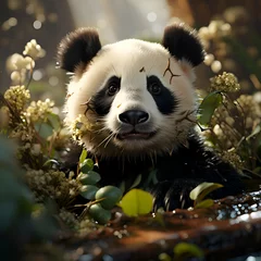 Fototapeten Panda bear on the grass in the forest. 3d rendering © Wazir Design