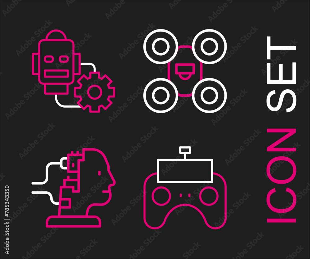 Poster set line remote control, robot for maintenance, drone and setting icon. vector