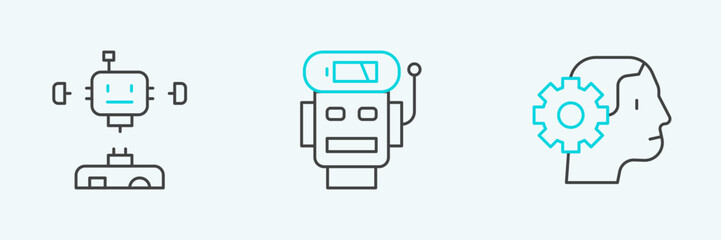 Set line Humanoid robot, Disassembled and Robot low battery charge icon. Vector
