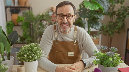 A cheerful middle-aged man with a beard wearing an apron sits in a flower shop surrounded by lush plants.