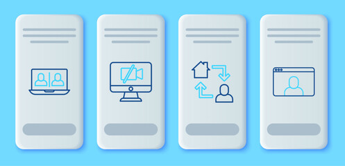Set line Video camera Off on computer, Online working, chat conference and icon. Vector