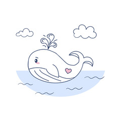 Hand-drawn doodle style of a small whale swimming in the ocean among waves and clouds. line art illustration on white background