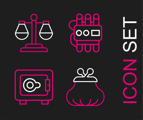 Set line Wallet, Safe, Dynamite and timer clock and Scales of justice icon. Vector