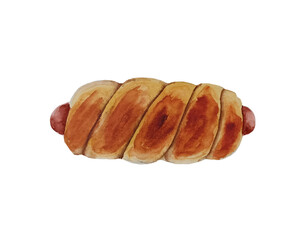 Watercolor sausages in dough isolated on white background.Sausages in dough isolated on white background. Fresh tasty sausage roll illustration, pastry wrapped sausage. 