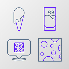 Set line Cheese, Glass with milk and Ice cream in waffle cone icon. Vector